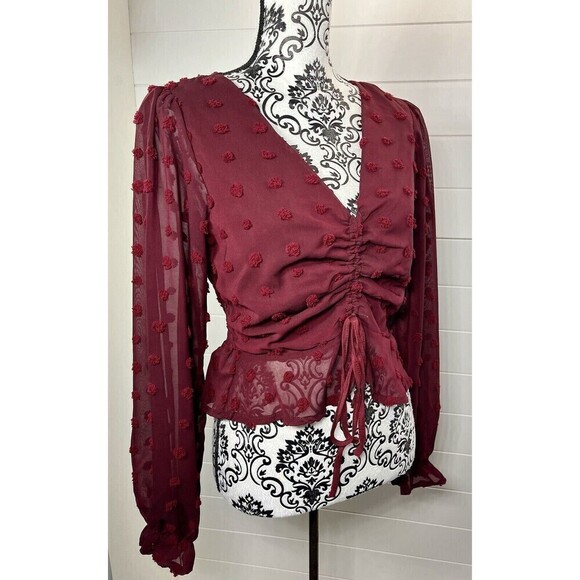 She + Sky Tops - She + Sky Boho Blouse Womens Medium Burgundy Puff Sleeve Ruched Swiss Dot* Flaw